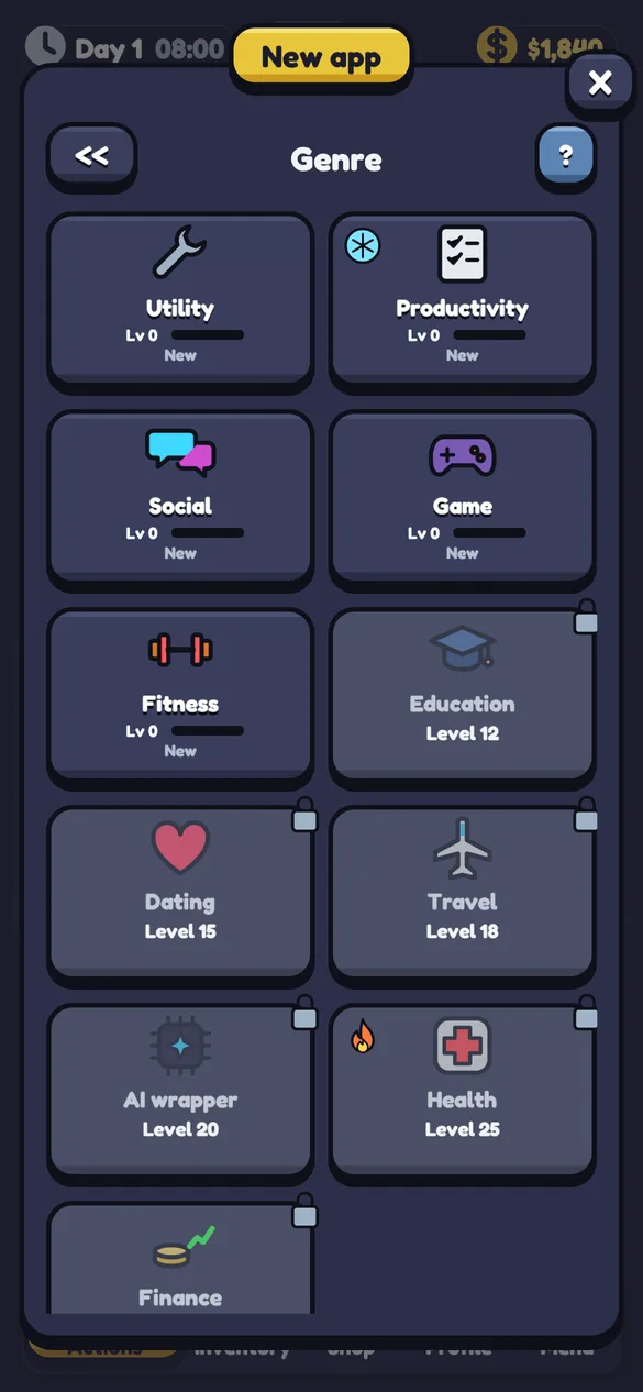 The New app screen: pick a name and a genre