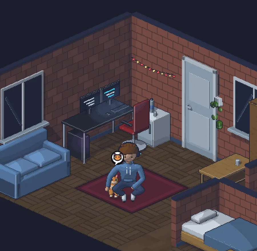 A decorated room: the desk with two monitors, a sofa, a rug, string lights and a bed