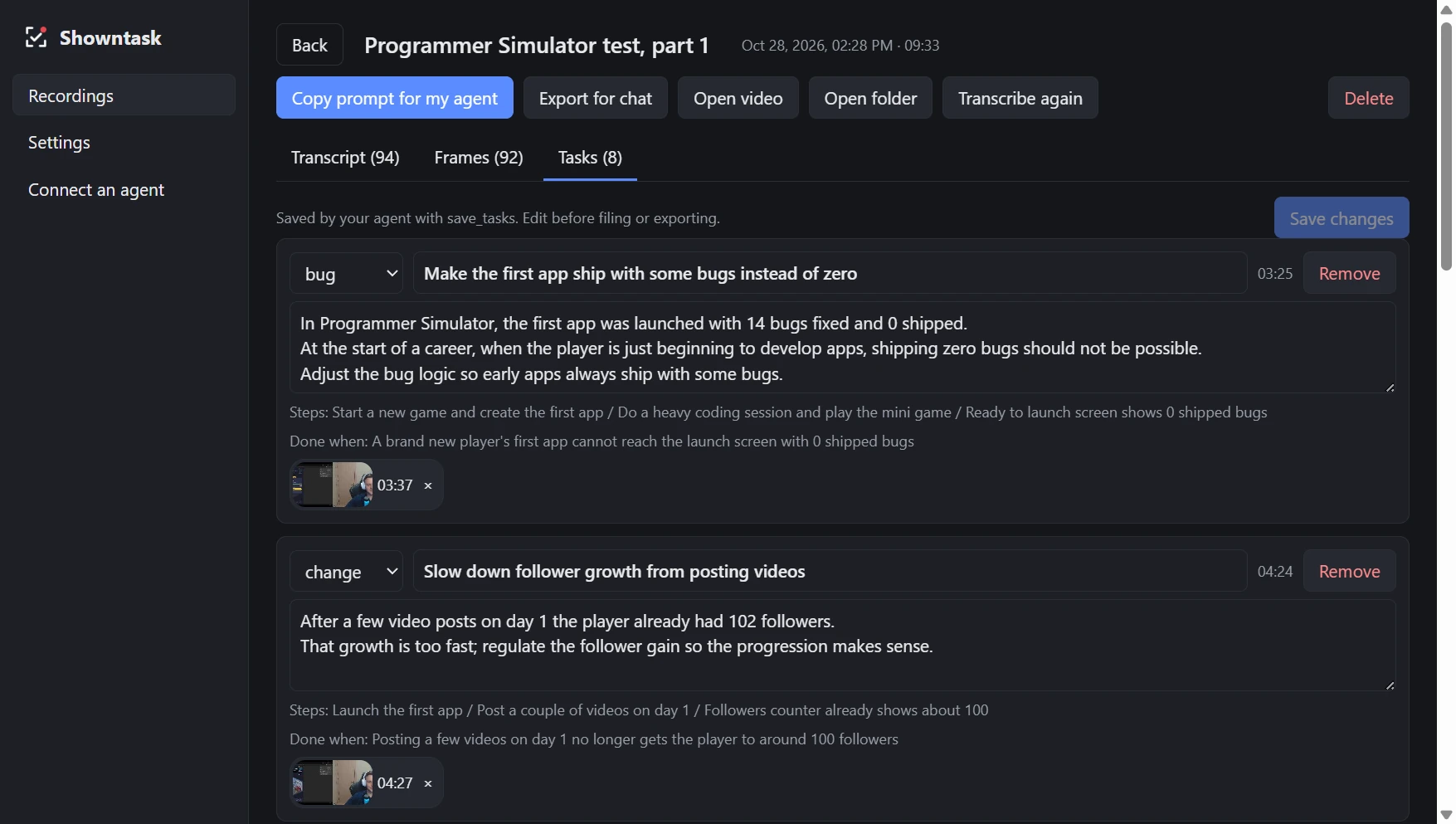 Showntask with a recording's Tasks tab open: each task an agent saved, with its steps, done-when line and frame